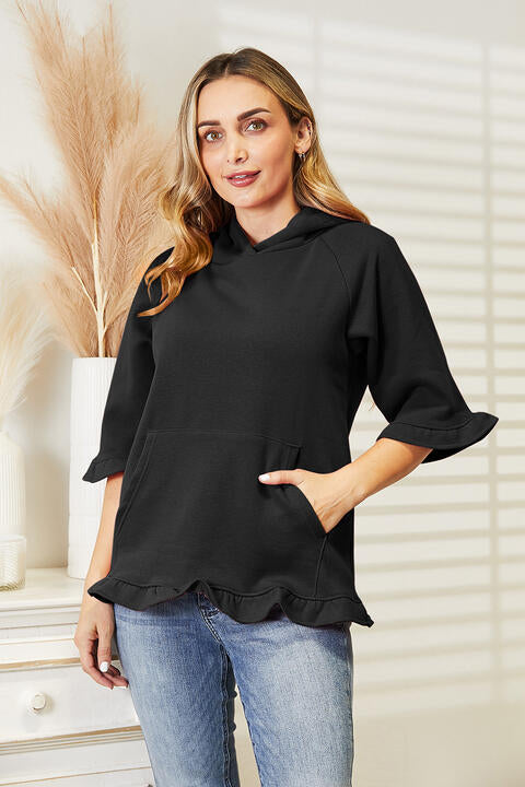 Ninexis Full Size Raglan Sleeve Ruffled Hoodie with Pocket Black