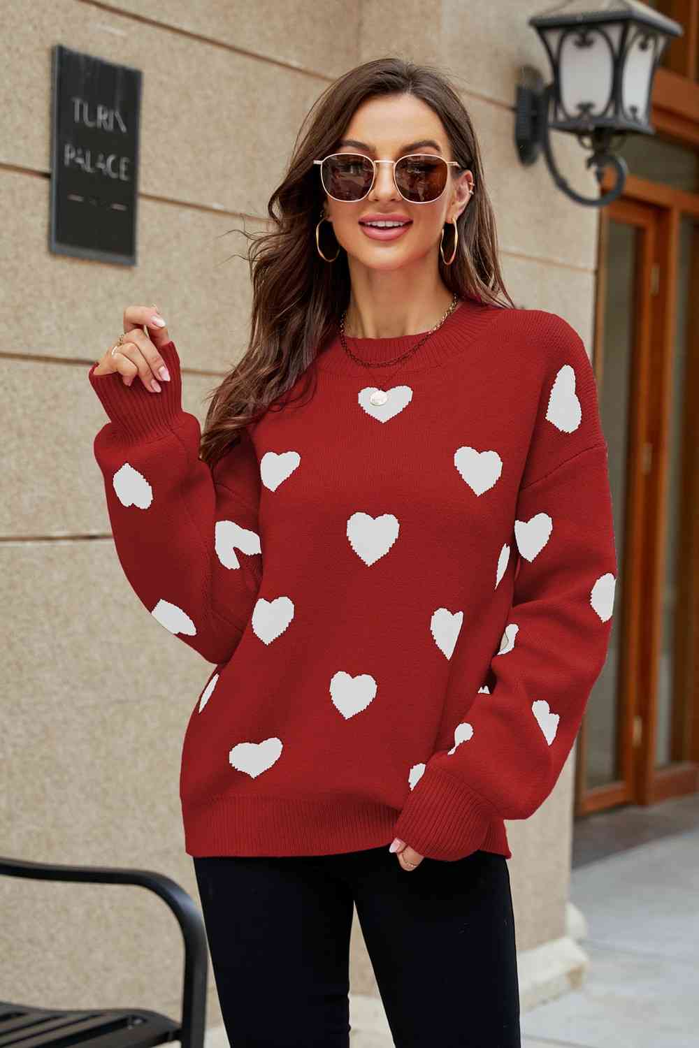 Woven Right Heart Pattern Lantern Sleeve Round Neck Tunic Sweater Red