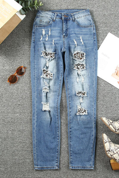 Leopard Distressed Pocketed Straight Jeans Medium