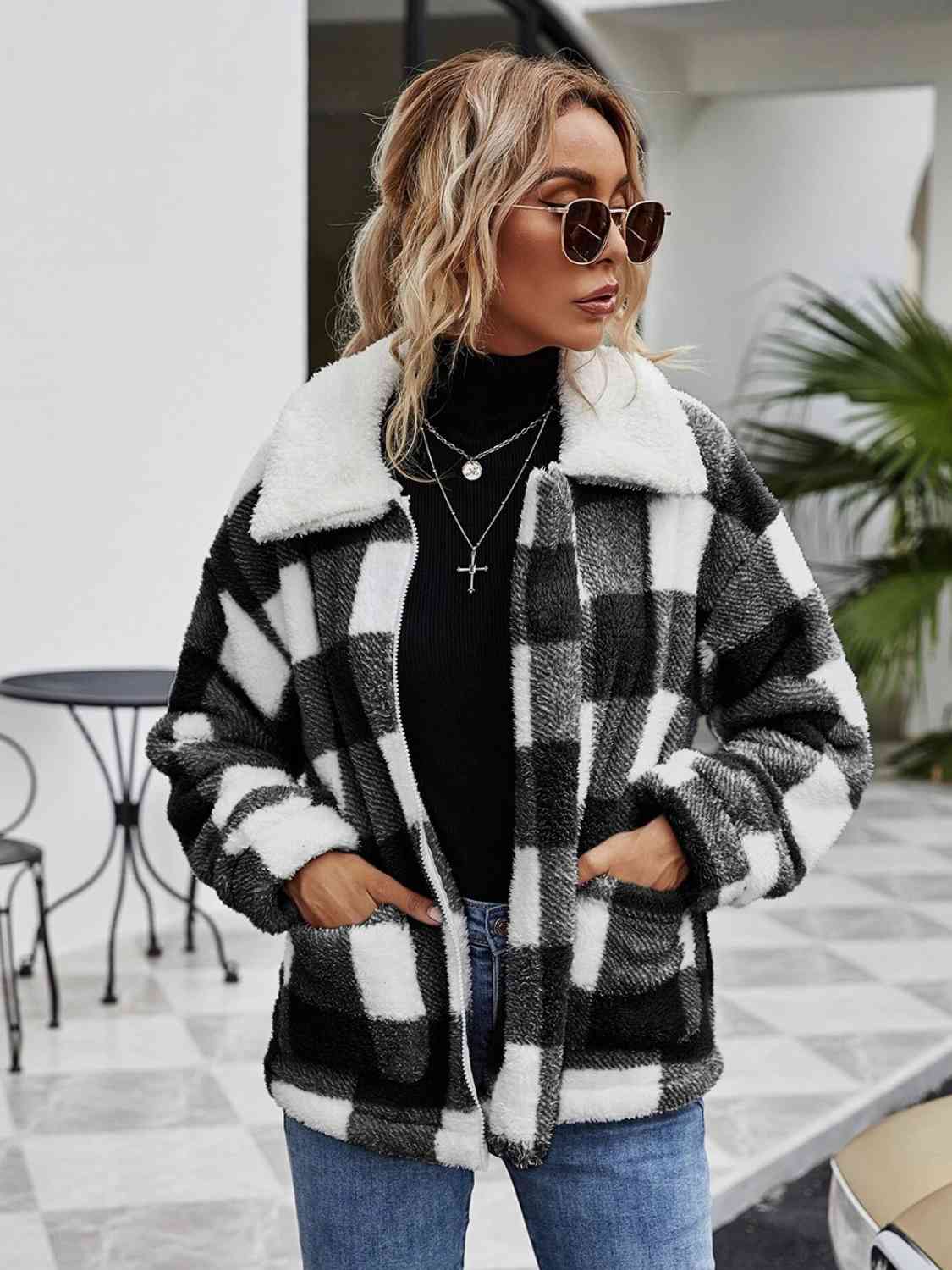 Plaid Zip-Up Collared Jacket Black