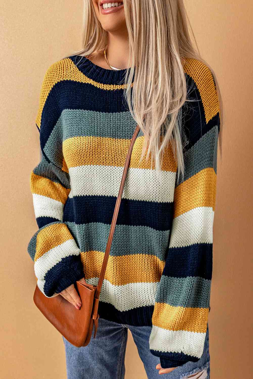 Woven Right Striped Dropped Shoulder Knitted Pullover Sweater Blue