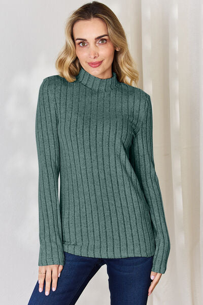 Basic Bae Full Size Ribbed Mock Neck Long Sleeve T-Shirt Teal