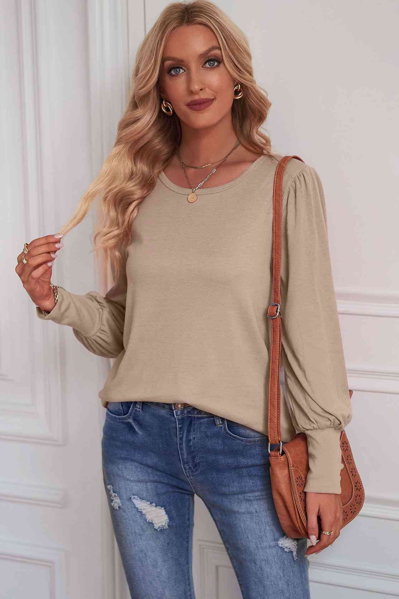 Round Neck Puff Sleeve T-Shirt Sand