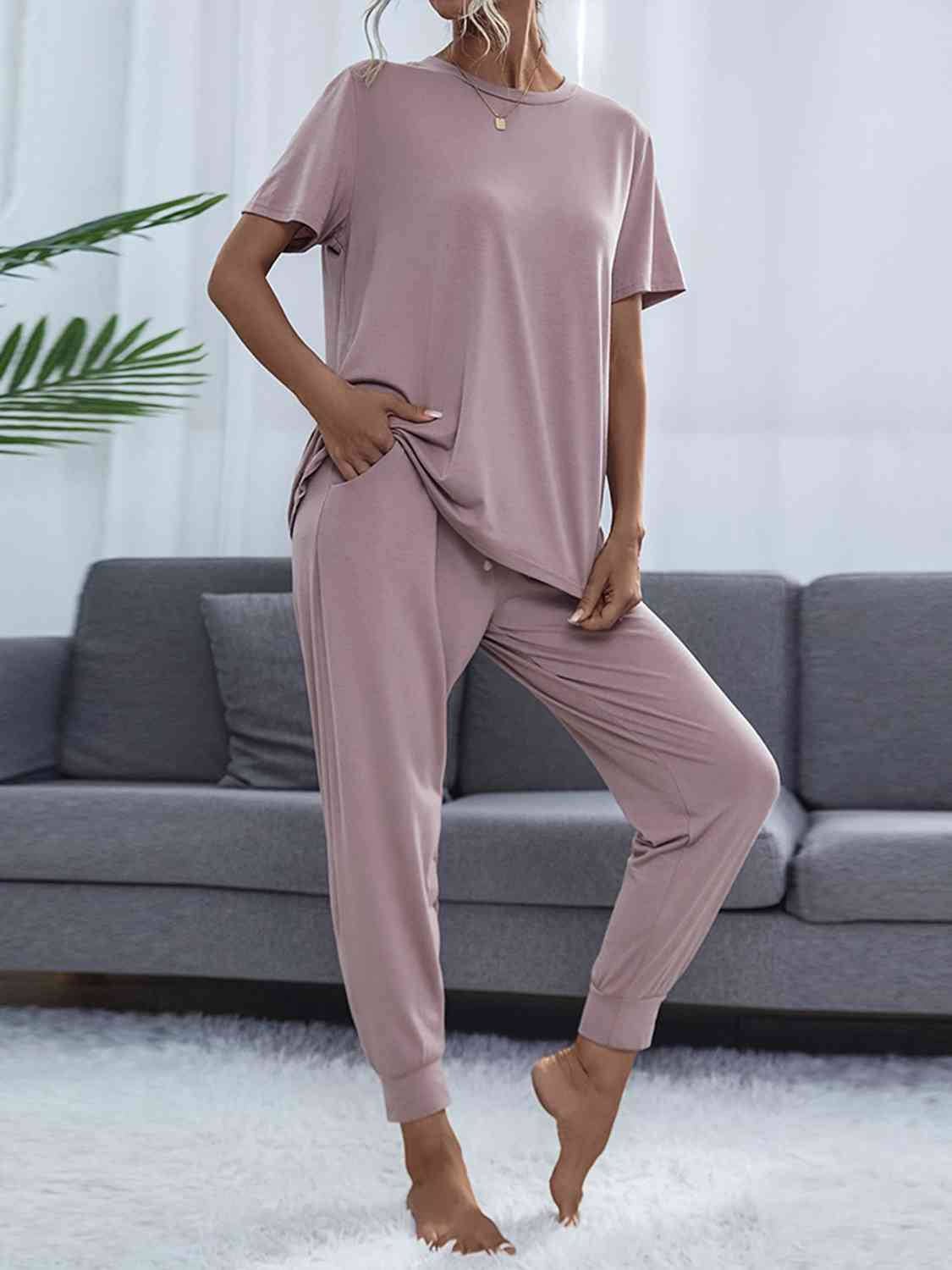 Round Neck Short Sleeve Top and Pants Set Blush Pink