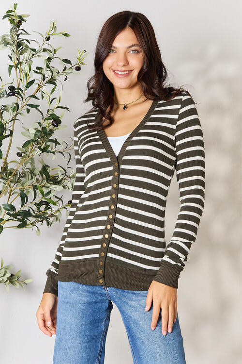 Zenana Full Size Striped Snap Down Cardigan Dark Olive/Ivory