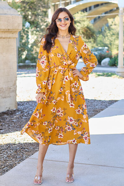 Double Take Full Size Floral Tie Back Flounce Sleeve Dress Caramel