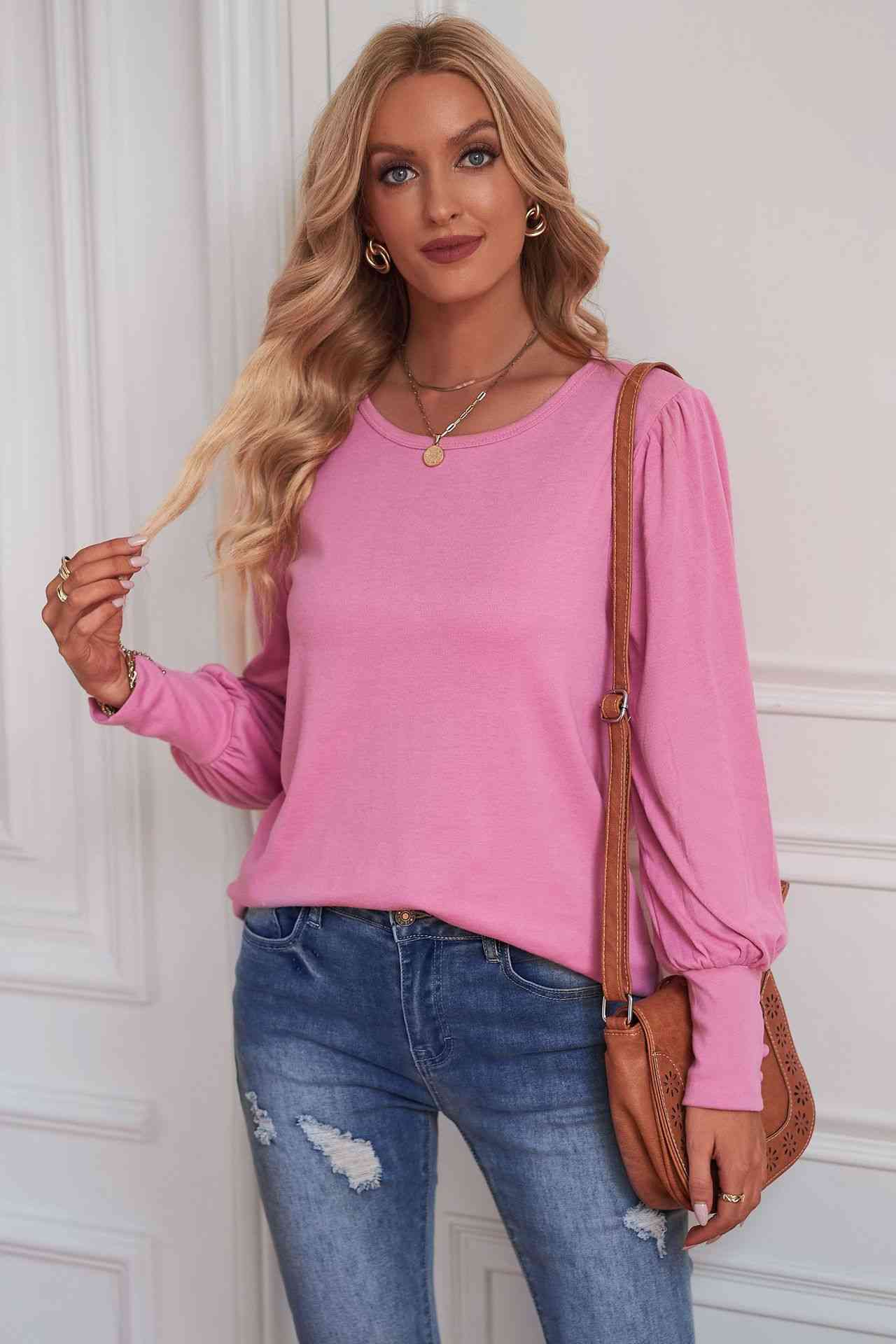 Round Neck Puff Sleeve T-Shirt Carnation Pink