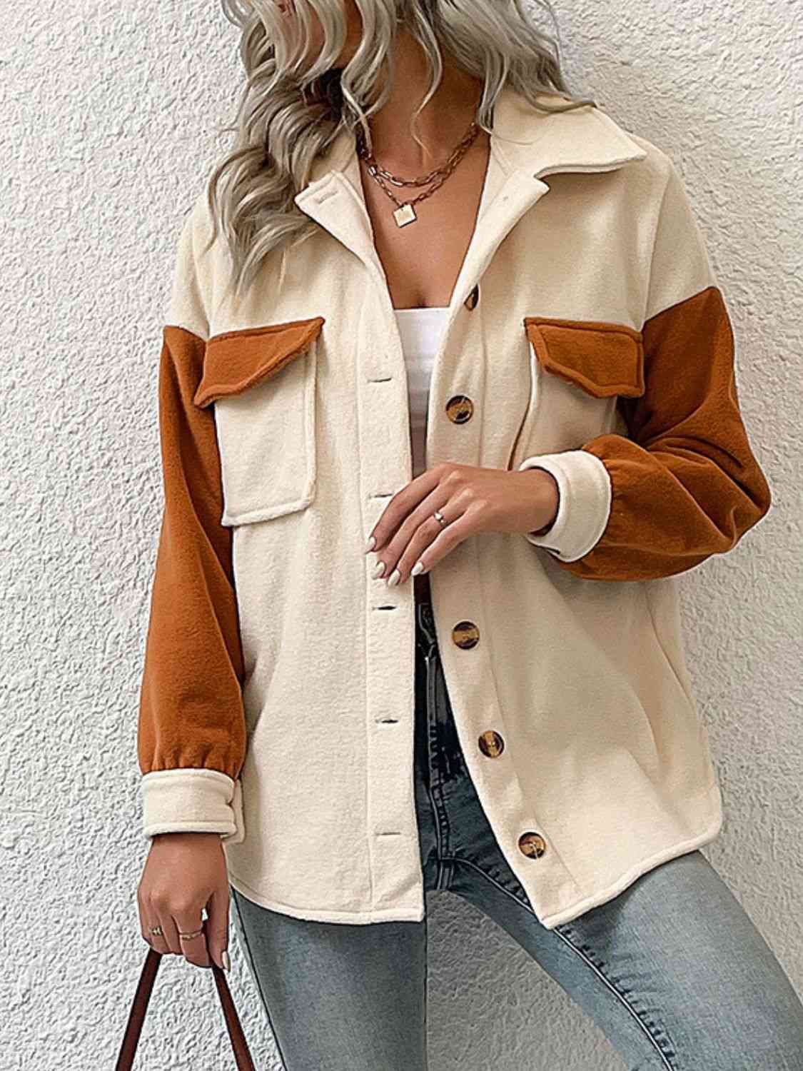Double Take Contrast Button-Up Fleece Jacket Beige/Brown