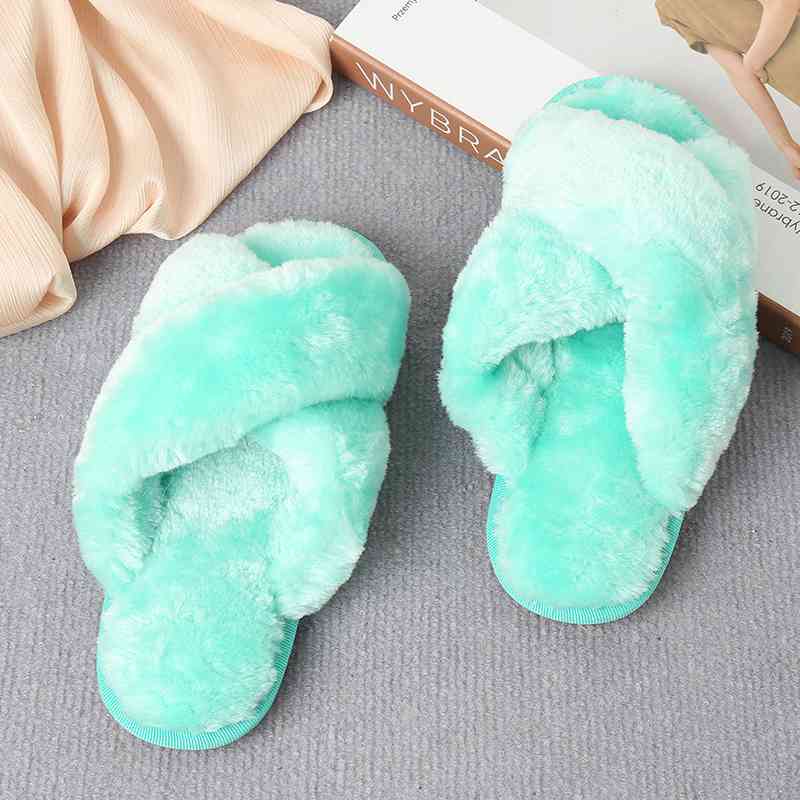 Faux Fur Crisscross Strap Slippers Tiffany Blue