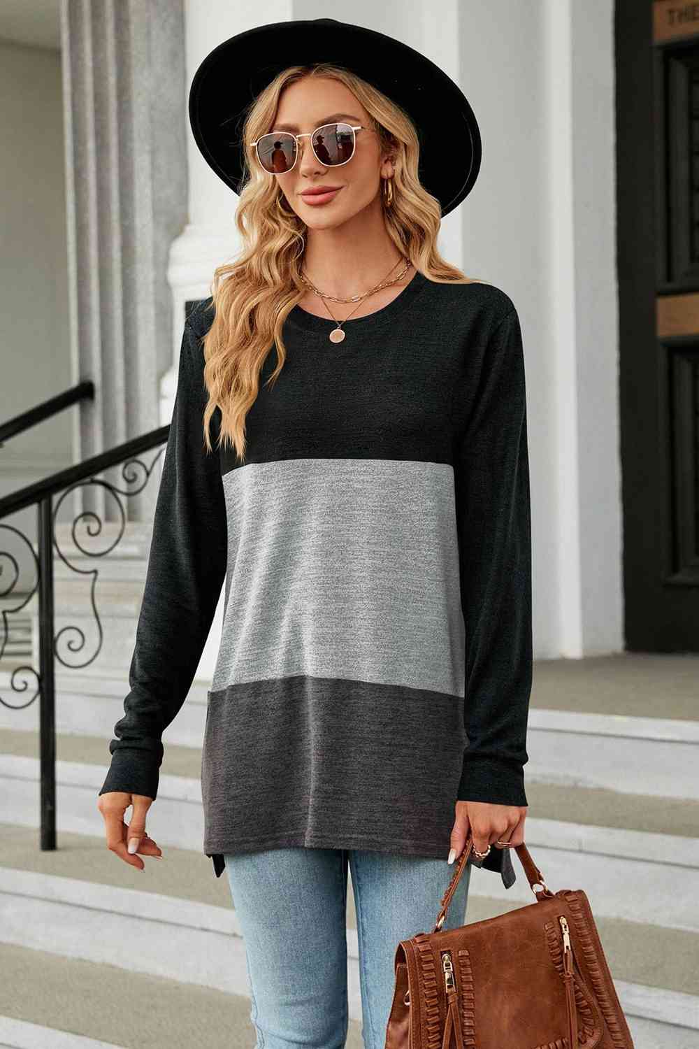 Color Block Round Neck Long Sleeve Slit T-Shirt Heather Gray