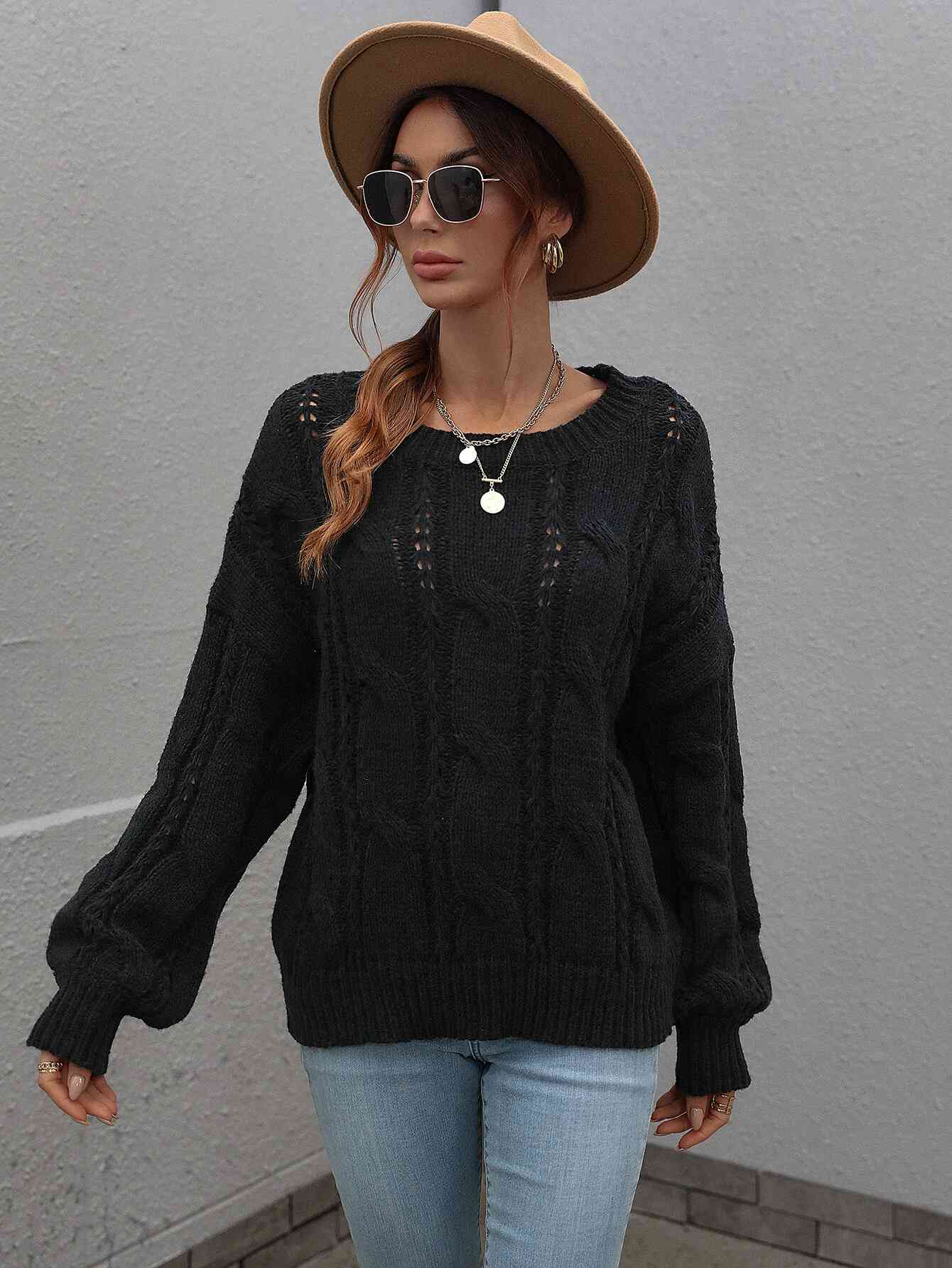 Woven Right Cable-Knit Openwork Round Neck Sweater Black