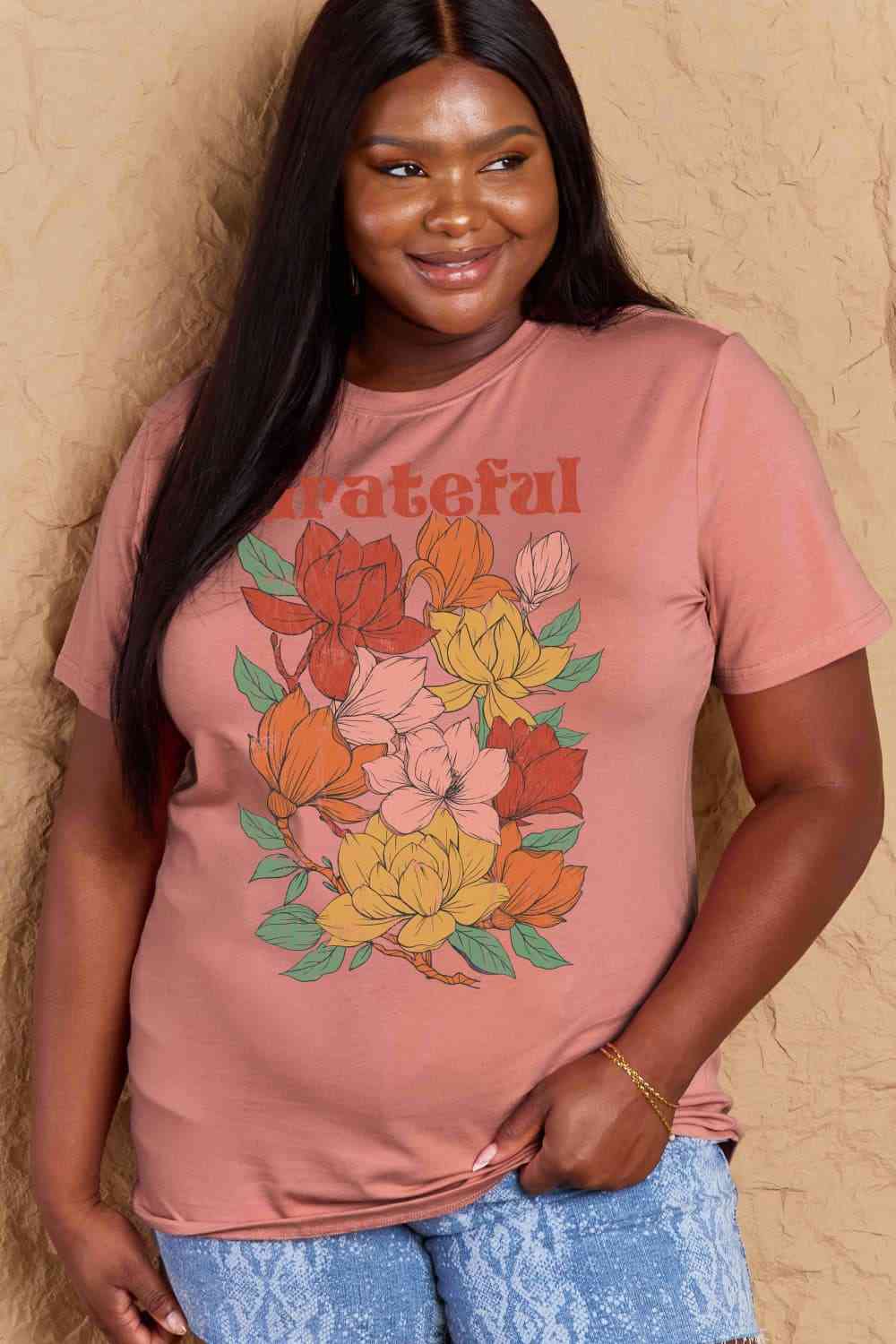 Simply Love Full Size GRATEFUL Flower Graphic Cotton T-Shirt Dusty Pink