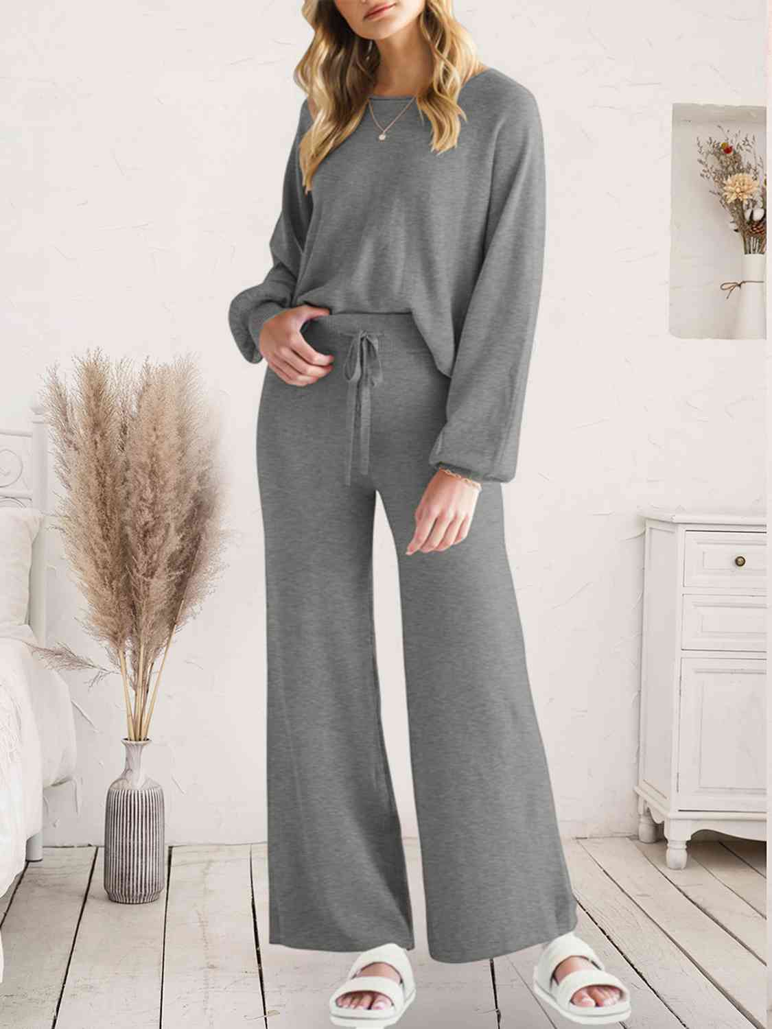 Long Sleeve Lounge Top and Drawstring Pants Set Charcoal