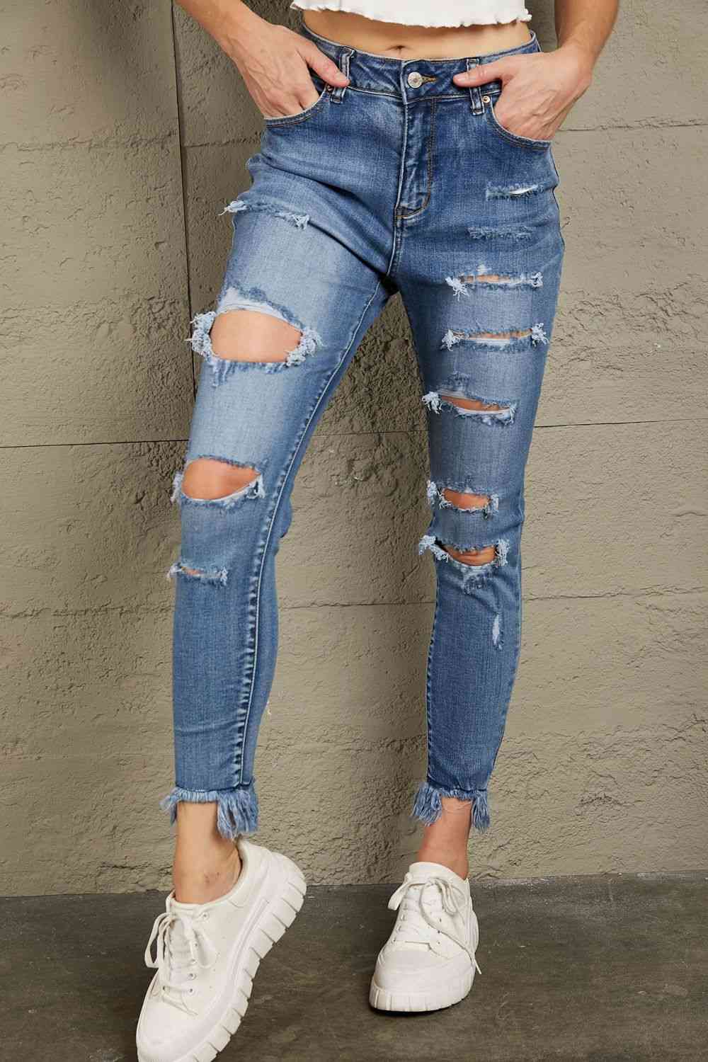 Baeful Distressed Frayed Hem Cropped Jeans Medium Wash