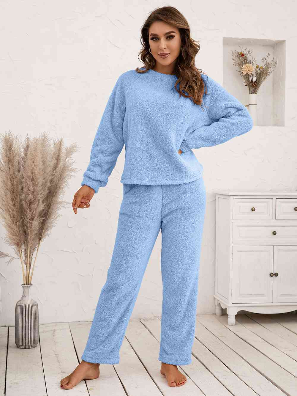 Teddy Long Sleeve Top and Pants Lounge Set Pastel Blue
