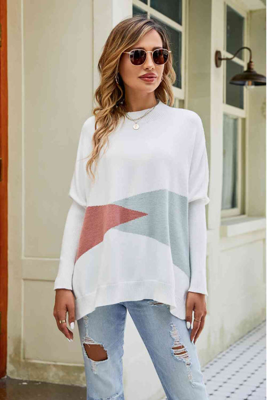 Woven Right Color Block Round Neck Side Slit Sweater White