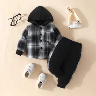 Plaid Button Up Hooded Shacket ann Pants Set Black