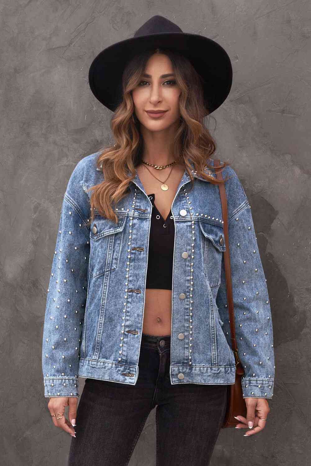 Studded Button Down Denim Jacket Sky Blue