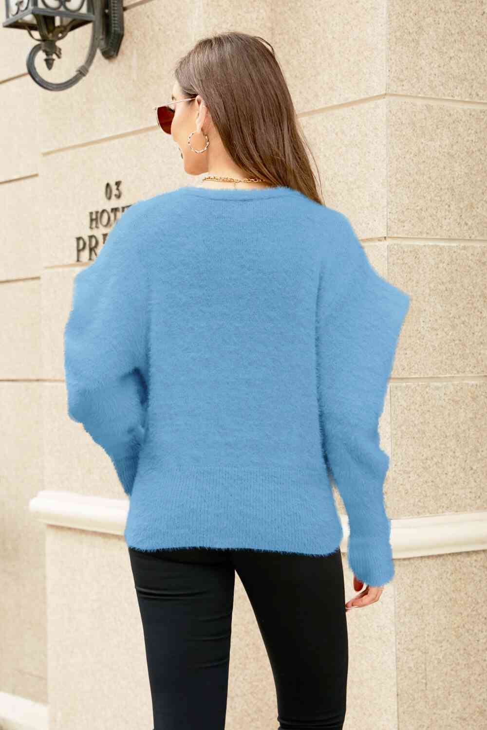 Woven Right Puff Sleeve V-Neck Fuzzy Cardigan