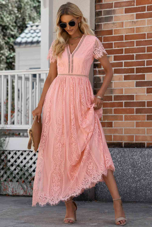 Scalloped Trim Lace Plunge Dress Coral