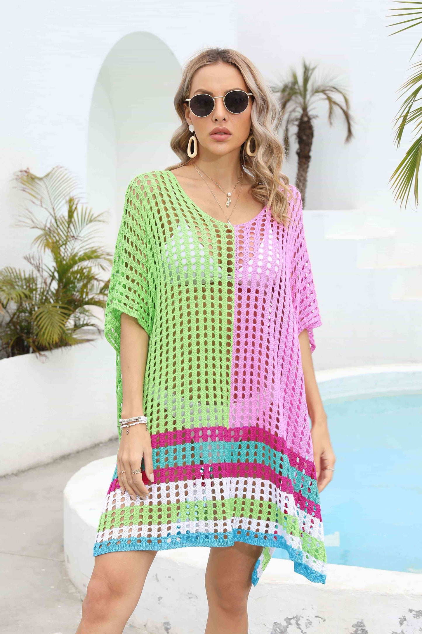 Contrast Scoop Neck Openwork Half Sleeve Cover Up Lime One Size