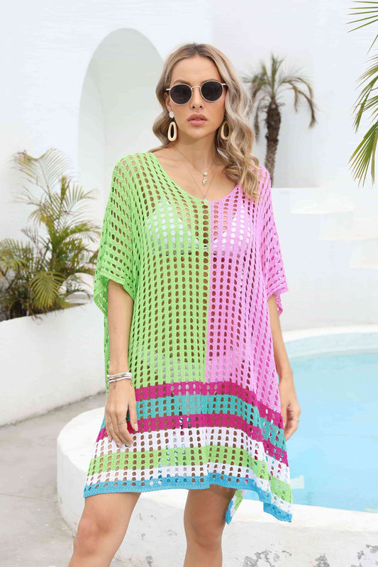 Contrast Scoop Neck Openwork Half Sleeve Cover Up Lime One Size