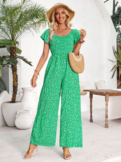 Smocked Printed Short Sleeve Jumpsuit Mid Green