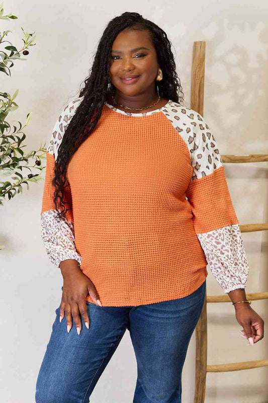 Double Take Leopard Waffle-Knit Long Sleeve Blouse Pumpkin