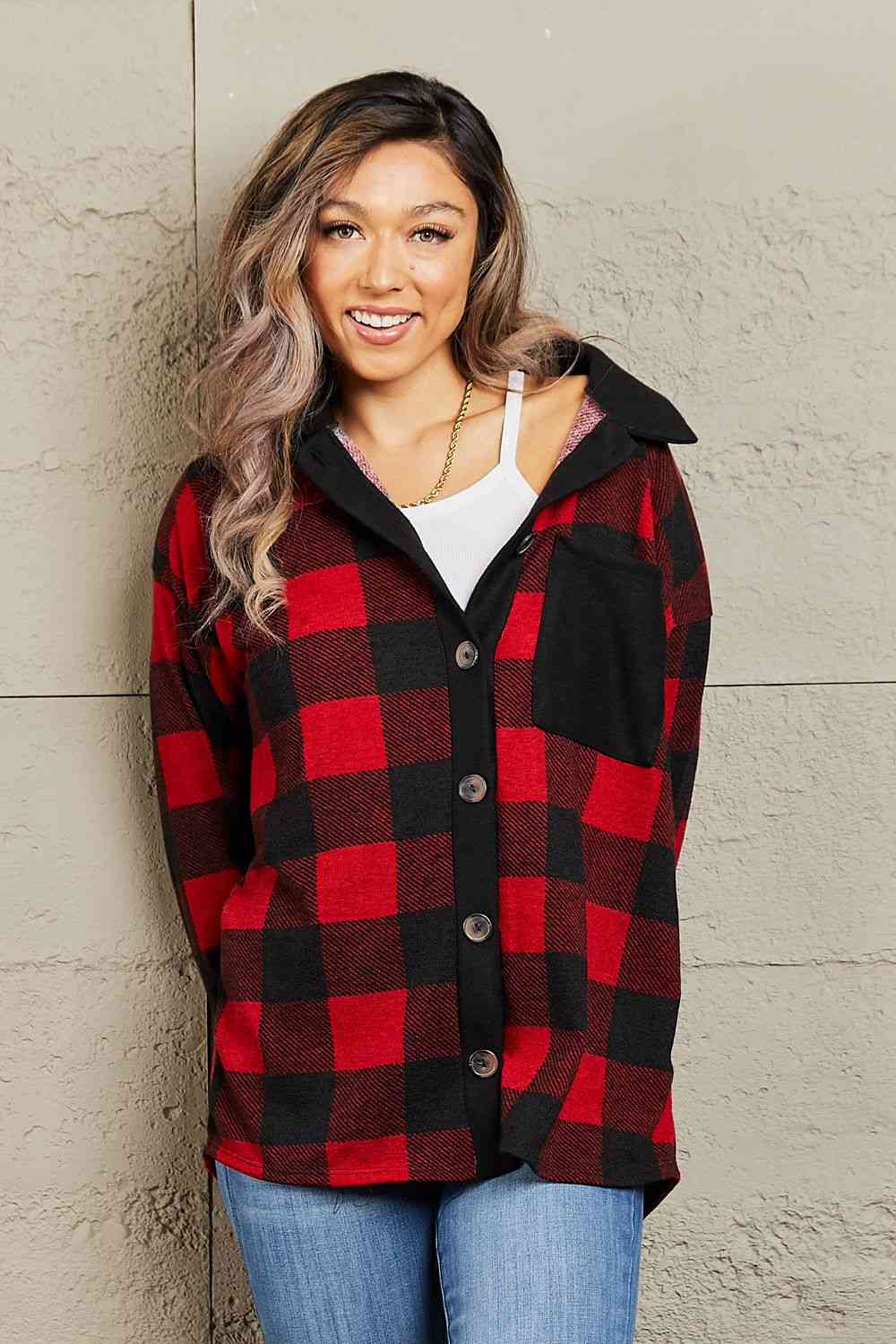 Heimish Make It Last Full Size Contrast Plaid Shacket