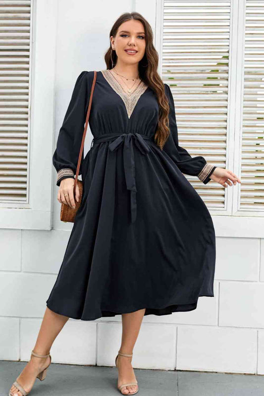 Melo Apparel Plus Size Contrast Tie Waist Midi Dress Dark Navy