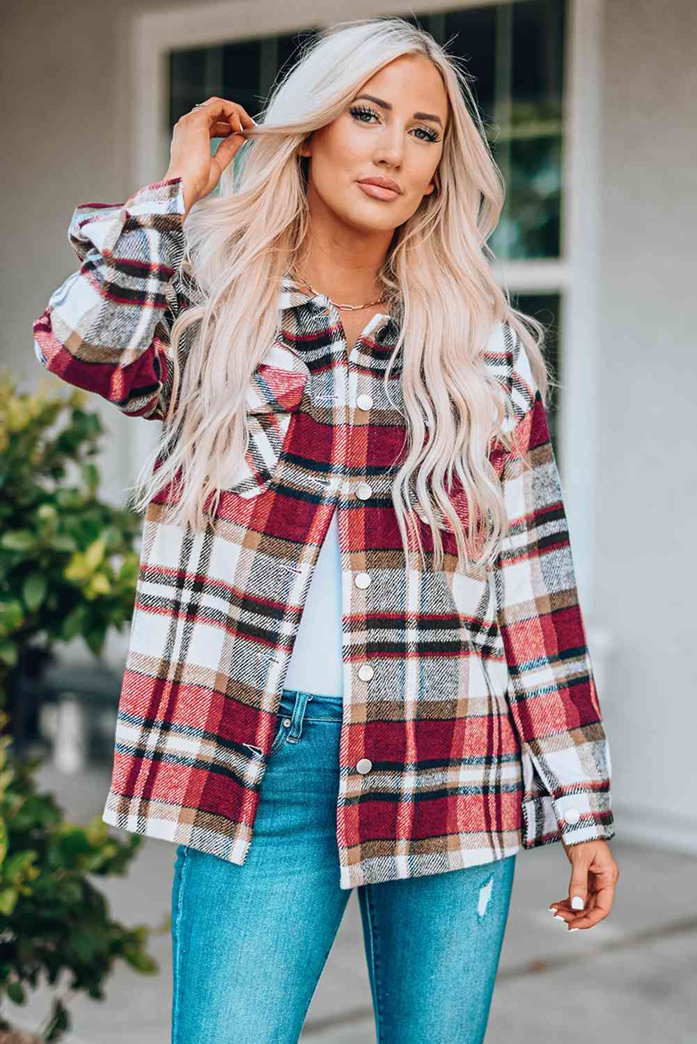 Double Take Plaid Button Front Shirt Jacket with Breast Pockets Red