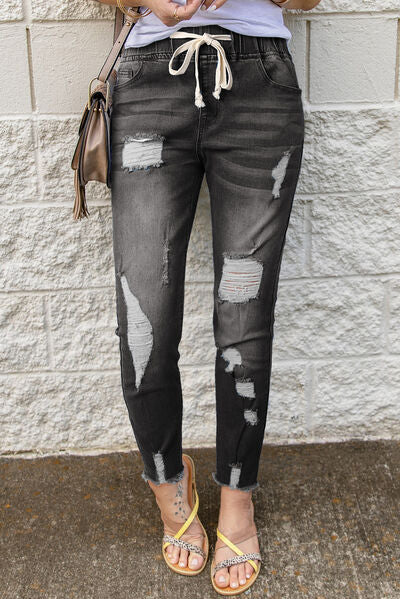 Drawstring Distressed Raw Hem Jeans with Pockets Dark