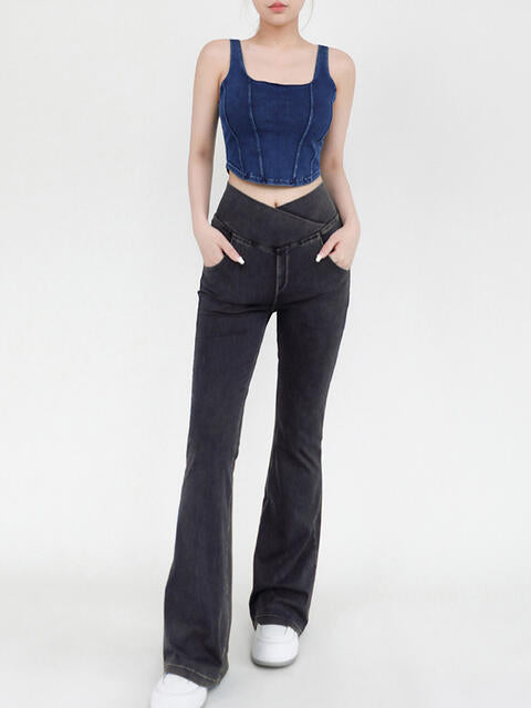 Wide Waistband Bootcut Jeans with Pockets Charcoal