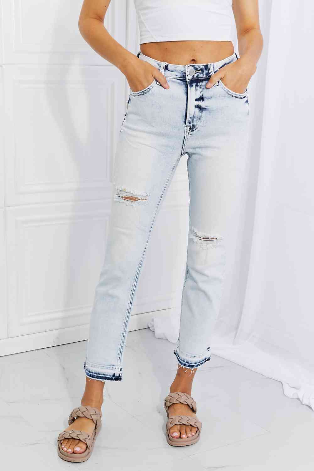 RISEN Full Size Camille Acid Wash Crop Straight Jeans Light