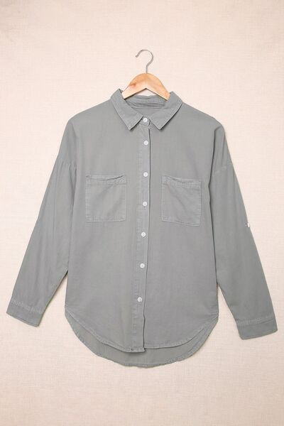 Pocketed Button Up Collared Neck Denim Top Charcoal