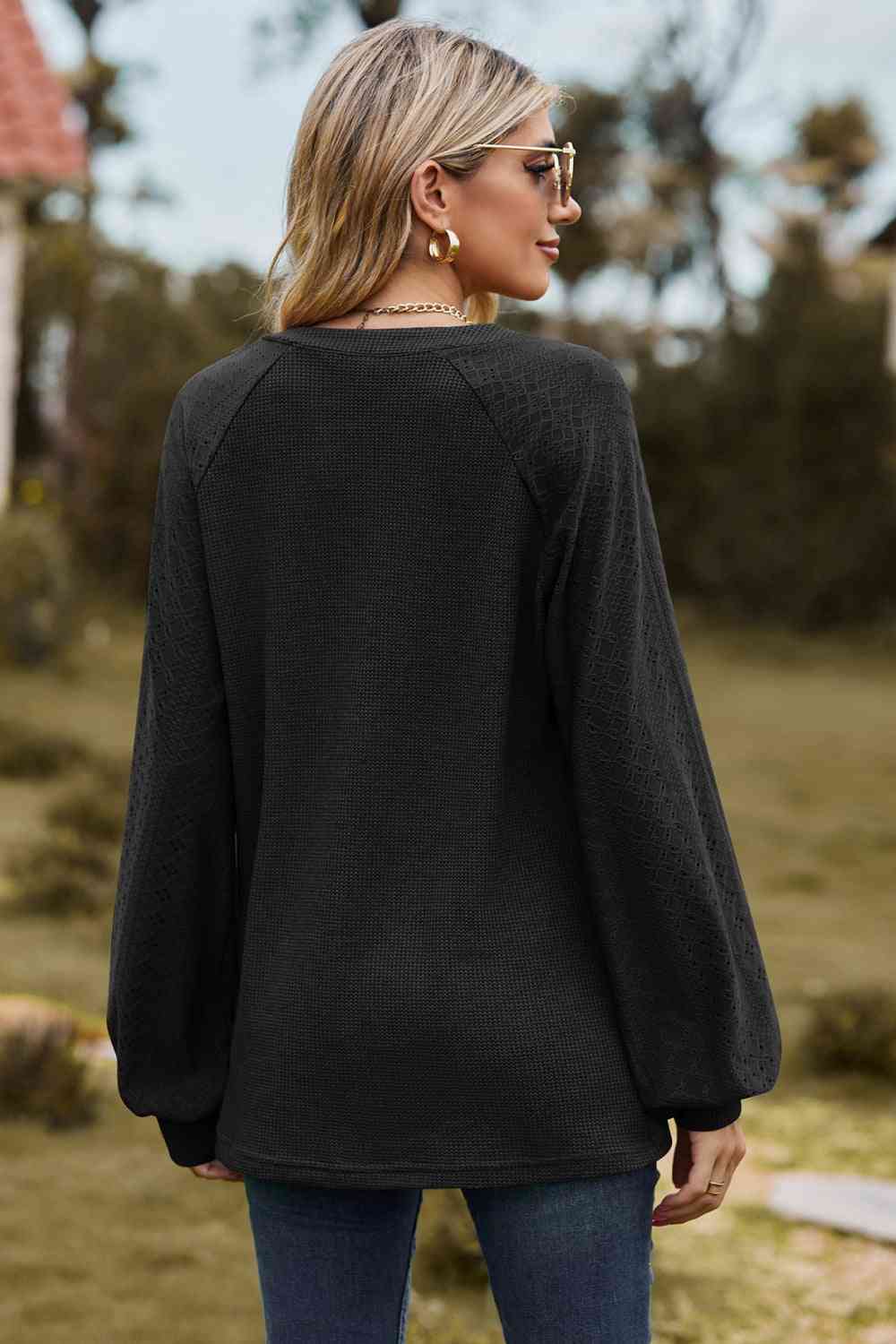 Notched Neck Raglan Sleeve Blouse