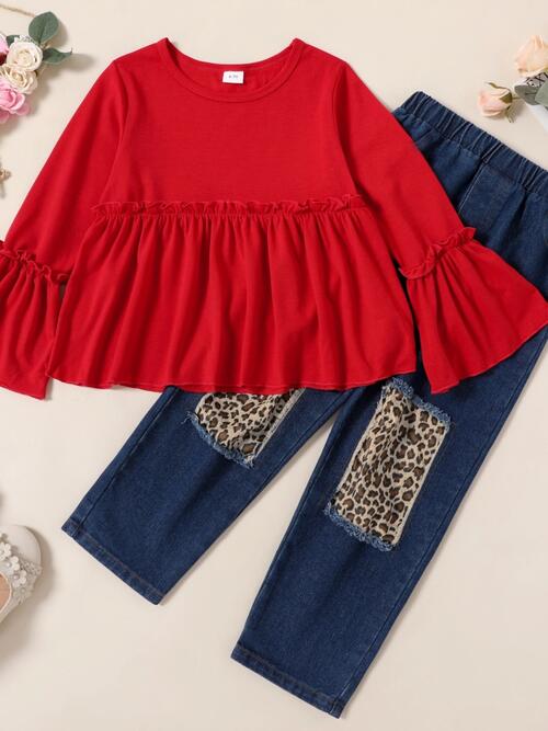 Ruffle Trim Top and Leopard Pants Set Red