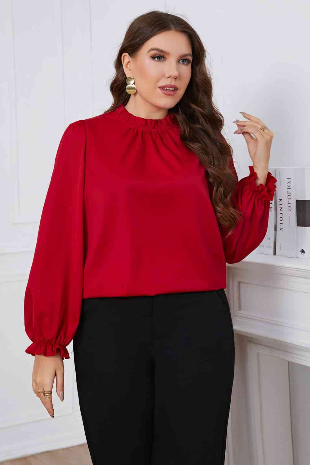 Melo Apparel Plus Size Frill Trim Flounce Sleeve Round Neck Blouse Red