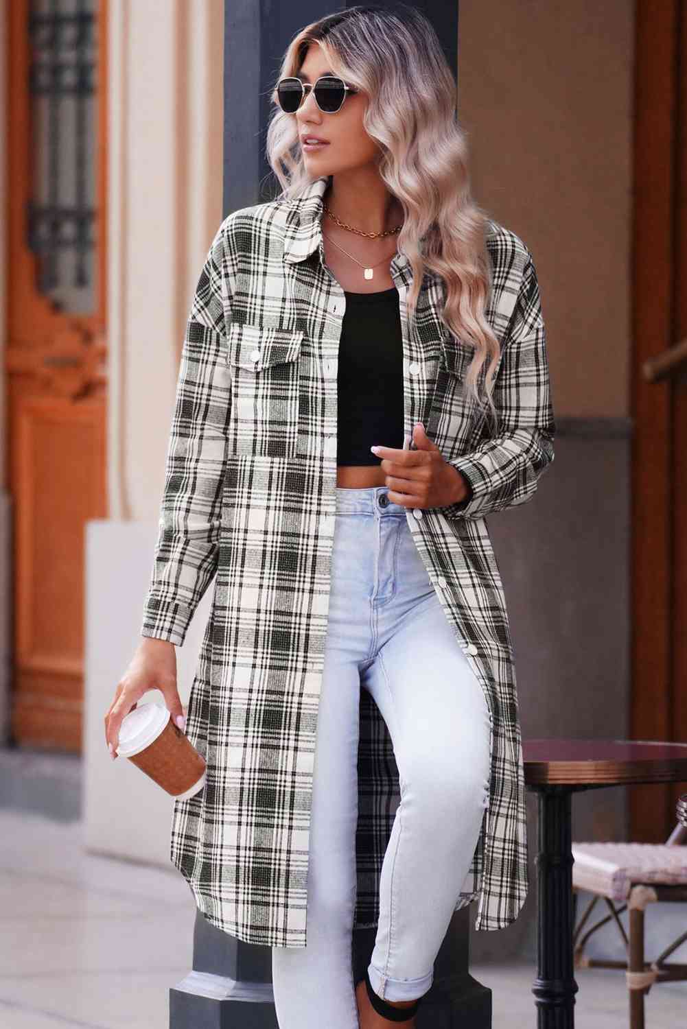 Double Take Plaid Button-Up Longline Shacket with Breast Pockets Black