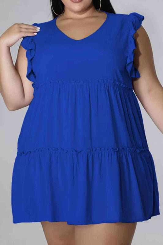 Plus Size V-Neck Frill Trim Mini Dress Royal Blue
