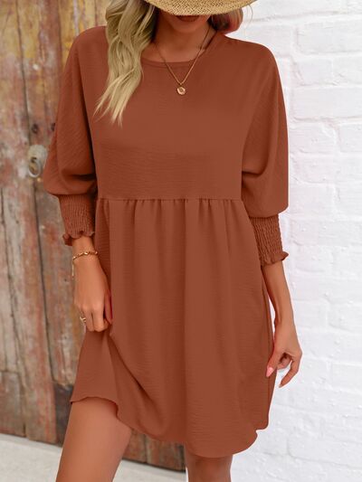 Round Neck Lantern Sleeve Mini Dress Caramel