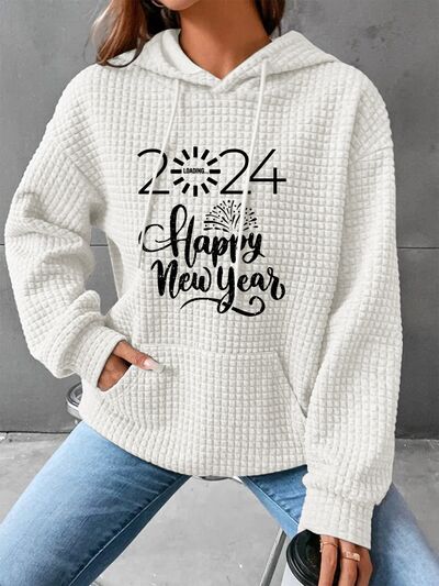 Full Size 2024 HAPPY NEW YEAR Waffle-Knit Hoodie White