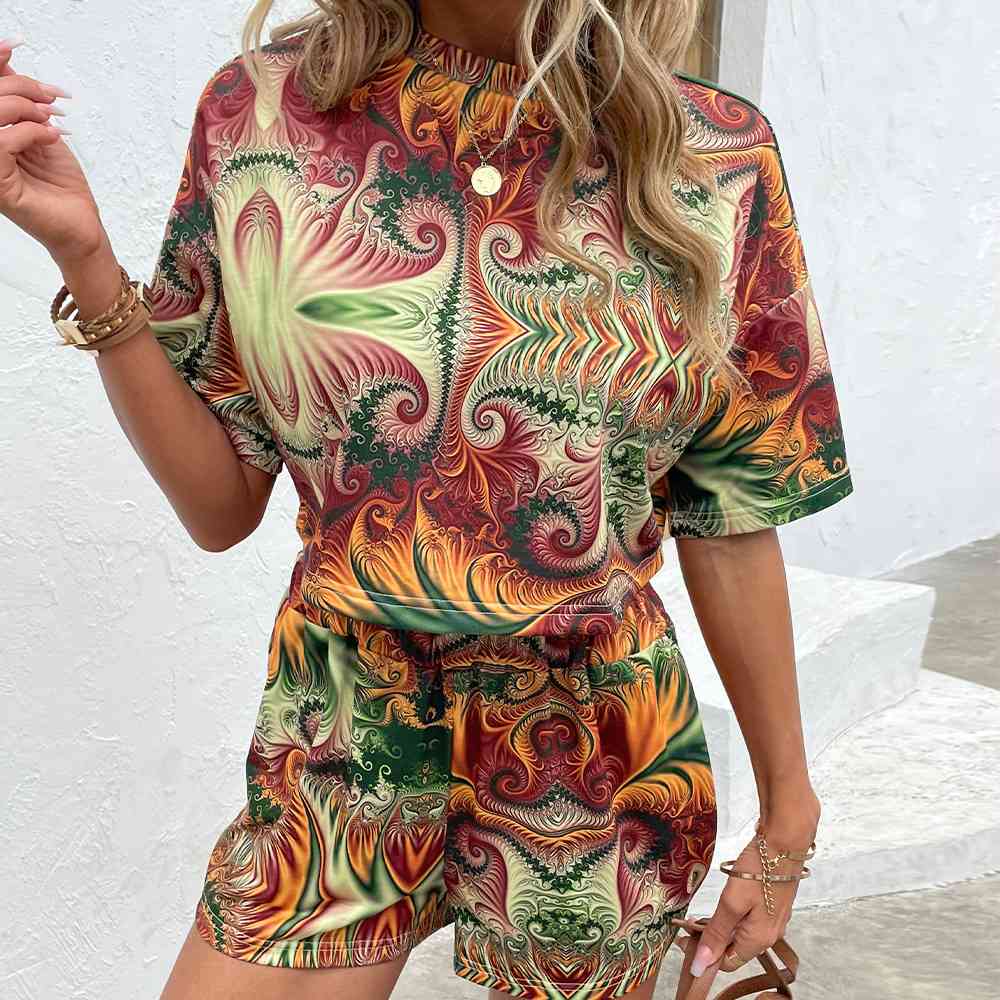 Printed Round Neck Dropped Shoulder Half Sleeve Top and Shorts Set Multicolor