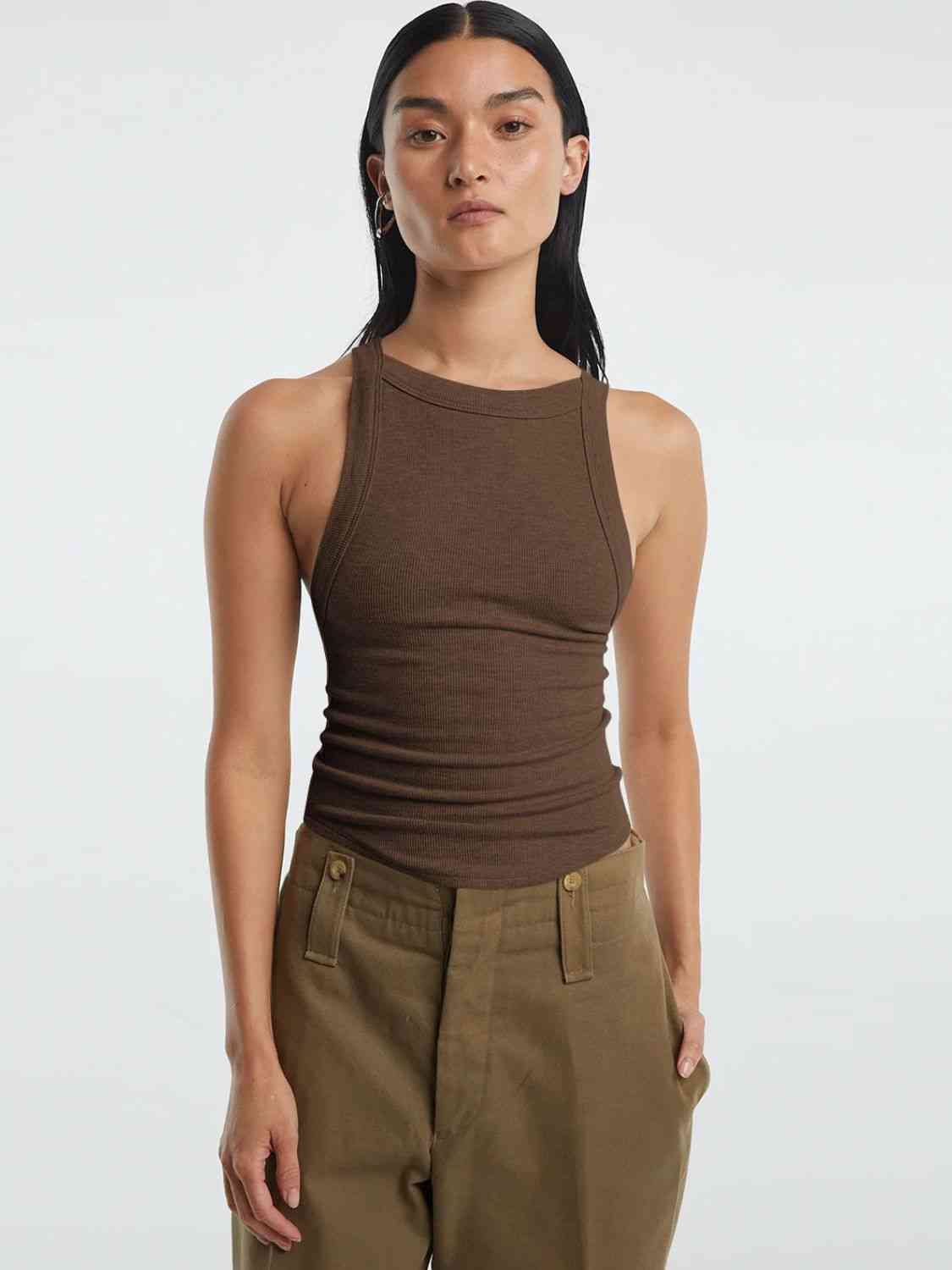 Halter Neck Ribbed Cropped Top Chocolate