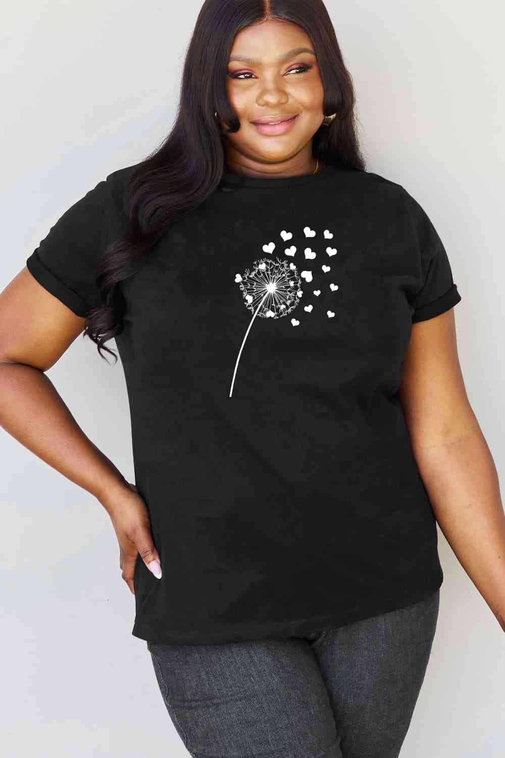 Simply Love Full Size Dandelion Heart Graphic Cotton T-Shirt Black