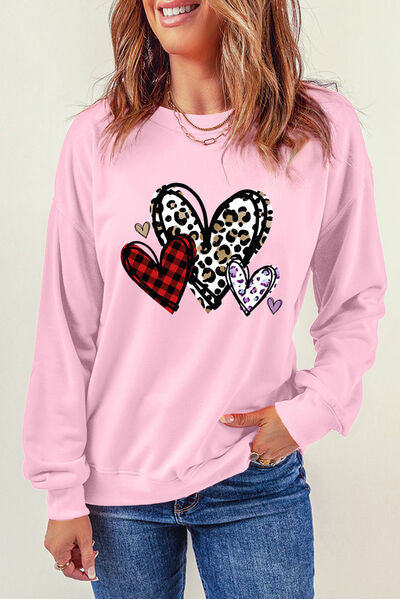 Heart Round Neck Dropped Shoulder Sweatshirt Blush Pink