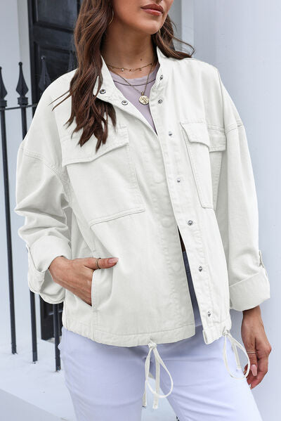 Drawstring Snap Down Dropped Shoulder Denim Jacket White