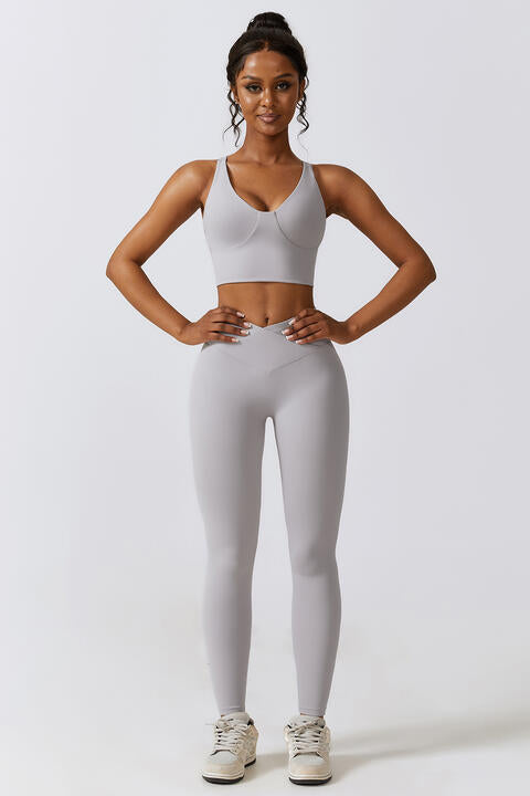 Crisscross Sports Bra and Leggings Set Light Gray