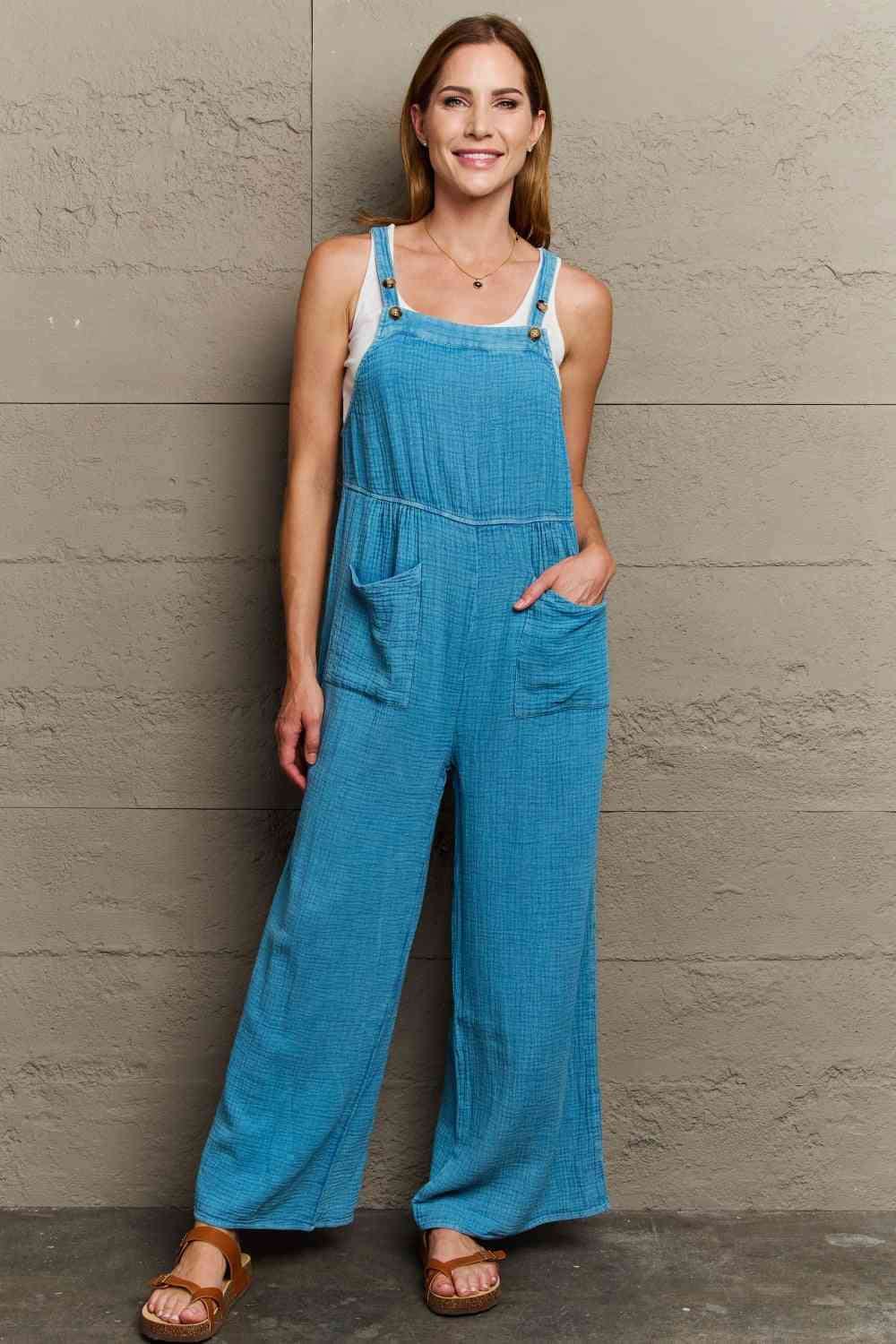 HEYSON Playful Mineral Wash Gauze Overalls Turquoise