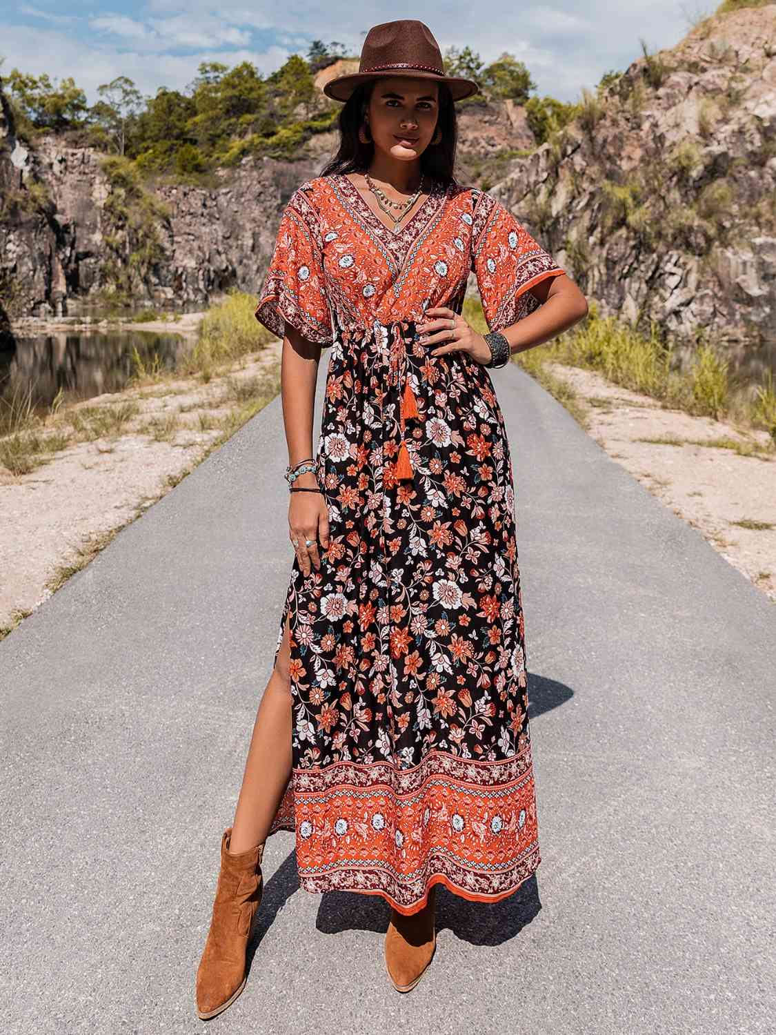 V-Neck Slit Maxi Dress Floral